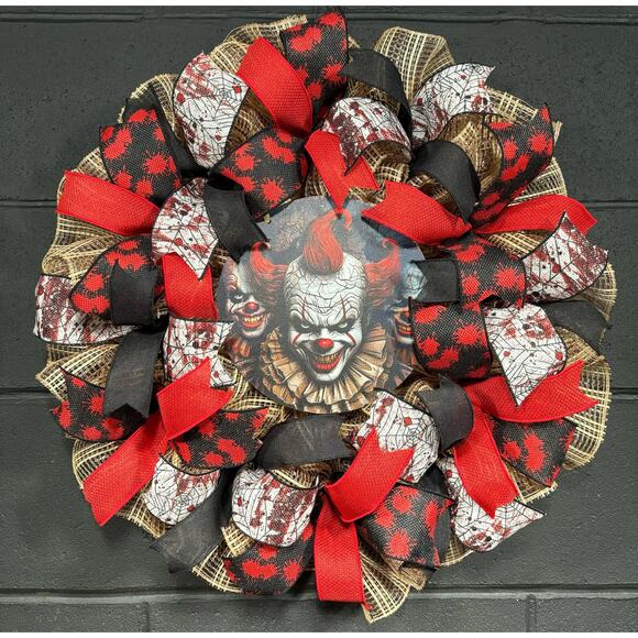 Halloween Wreath For Front Door Scary Clown Wreath Handmade 22 inch - Picture 1 of 6
